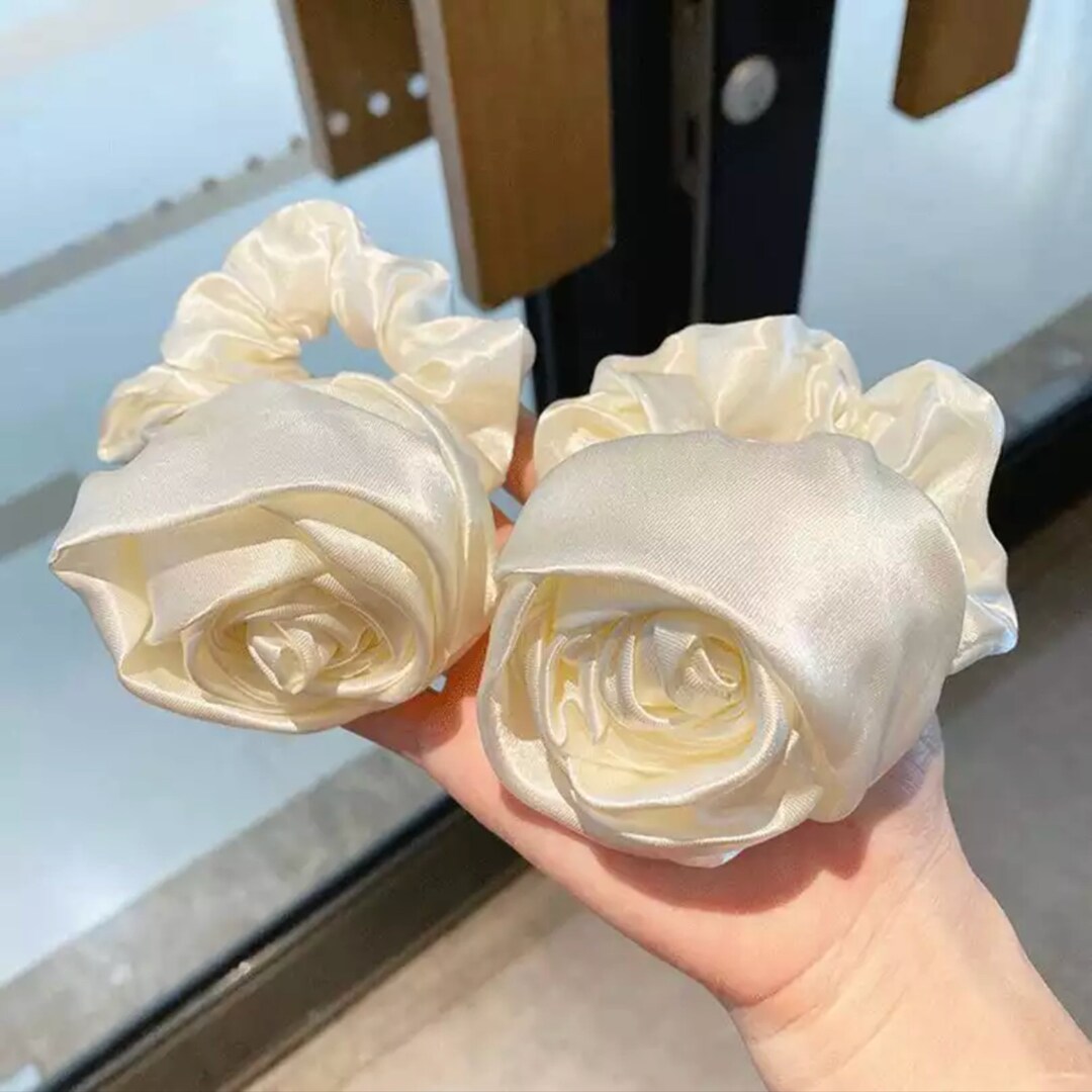 Satin Rose Hair Tie Bridal Hair Scrunchies Rose Design Hair Etsy