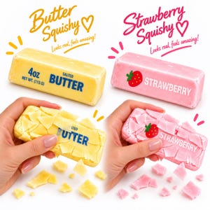 Könnte beinhalten: Zwei rechteckige Squishy-Spielzeuge in Form von Butterstücken. Eines ist gelb und mit 113g Salted Butter beschriftet, das andere ist rosa und mit Strawberry beschriftet. Beide zeigen ein ganzes Stück und ein zweites, das in Stücke zerbricht.