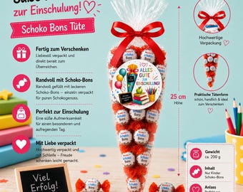 Schoko Bons Tüte 200 g – Alles Gute zur Einschulung – Fertig verpackte Geschenkidee mit Schleife – Randvoll mit Schoko-Bons – Candy & Bar
