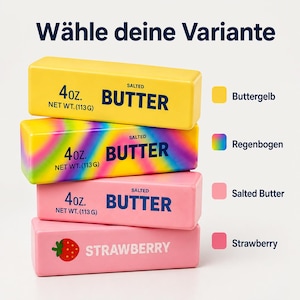 Könnte beinhalten: Vier rechteckige Butterstücke, die vertikal gestapelt sind. Das oberste ist gelb, das zweite regenbogenfarben, das dritte hellrosa und das unterste rosa mit einer Erdbeergrafik. Jedes Stück ist mit 4oz. NET WT. (113 G) und BUTTER beschriftet.