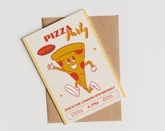 Retro Pizza Party Invitation Template | Phone Invite | Print At Home | No Software Needed | CANVA Editable | Digital Card | Text | Pizza Guy