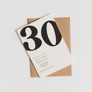 May include: A white invitation card with the number "30" in bold black font, placed over a brown envelope. The card includes event details: Cody Clark, Sunday, May 21, 1996, and a location. The background is plain white.