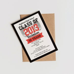 May include: A black-bordered invitation for the Highland High School Class of 2013 Reunion, with the text "CLASS OF 2013 REUNION 10 YEARS" in red and white. The invitation is on a kraft paper envelope.
