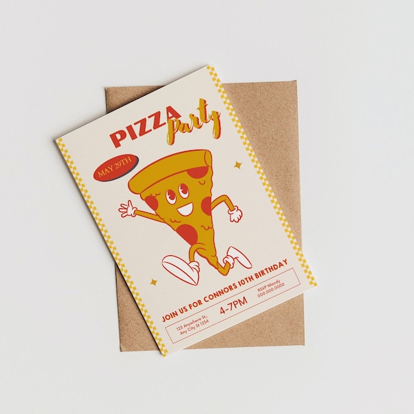 Retro Pizza Party Invitation Template | Phone Invite | Print At Home | No Software Needed | CANVA Editable | Digital Card | Text | Pizza Guy