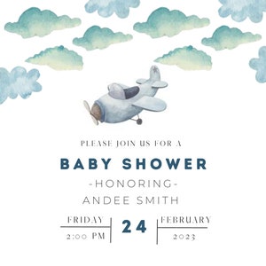 boy baby shower invitation, airplane themed baby shower invitation, blue, aviation invite, its a boy, phone invite, CANVA, mama-to-be image 2