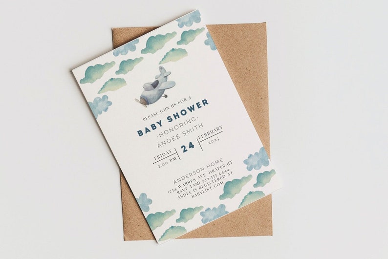 boy baby shower invitation, airplane themed baby shower invitation, blue, aviation invite, its a boy, phone invite, CANVA, mama-to-be image 1