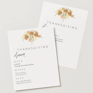May include: Thanksgiving dinner invitation with a watercolor illustration of pine cones and branches in shades of brown, beige, and white. The text reads "Thanksgiving dinner" with the date and time of the event, the location, and RSVP information.