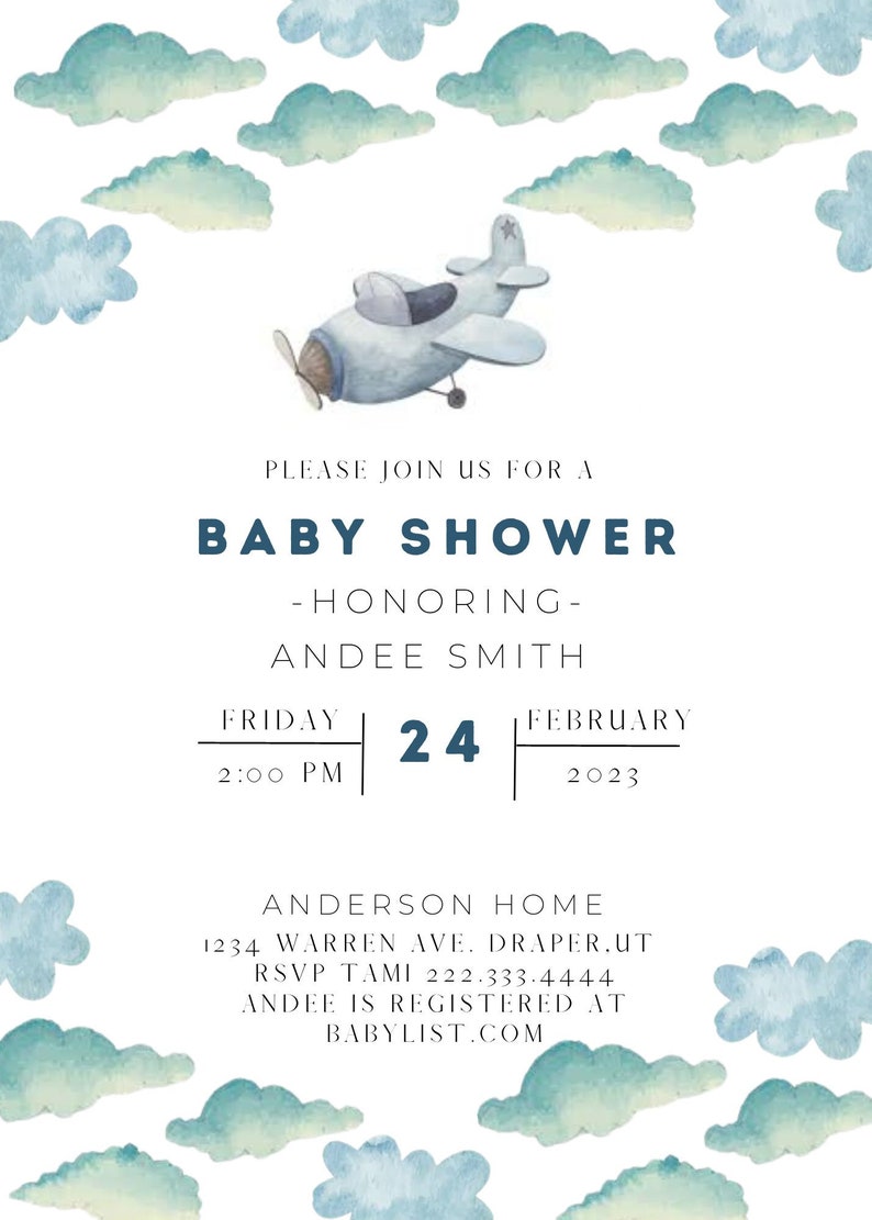 boy baby shower invitation, airplane themed baby shower invitation, blue, aviation invite, its a boy, phone invite, CANVA, mama-to-be image 2