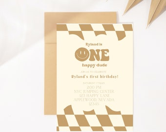 May include: A yellow and white chequered birthday invitation with the text "Ryland is ONE happy dude" and details for a first birthday party. The invitation includes the date, time, location, and address.