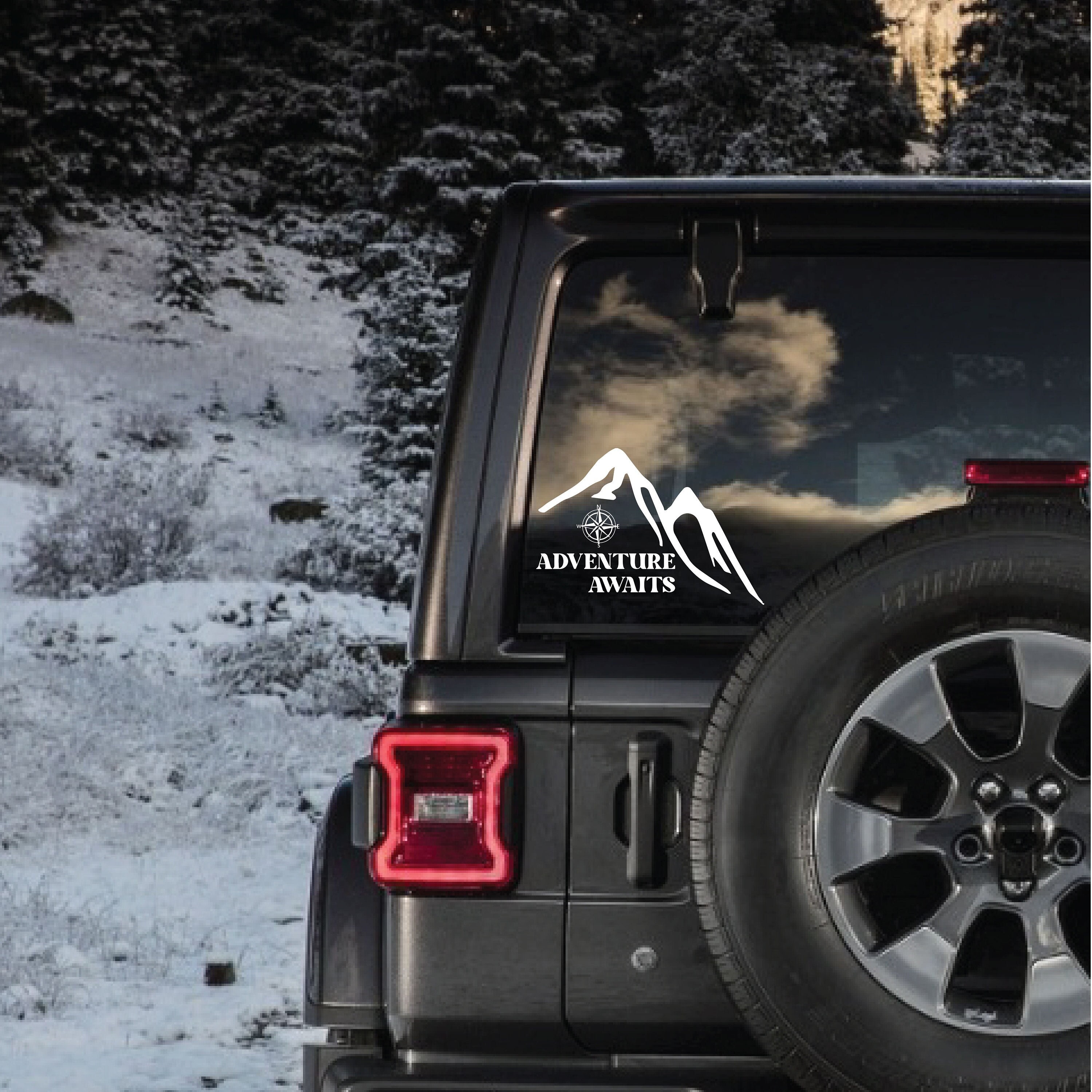 Adventure Awaits Weatherproof Waterproof Vinyl Decal Explore Travel Nature Mountain Landscape Compass Quote Sticker Vehicle Window