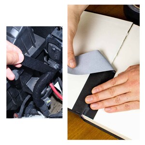 May include: Two images showing how to use black and grey hook and loop tape to secure wires. The first image shows a hand holding the tape around a bundle of wires. The second image shows a hand pressing the tape onto a book.