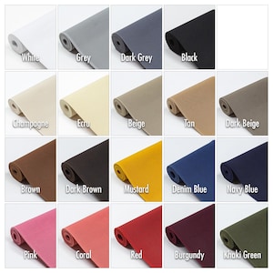 May include: A colour chart of 18 fabric swatches rolled up. The colours are white, grey, dark grey, black, champagne, ecru, beige, tan, dark beige, brown, dark brown, mustard, denim blue, navy blue, pink, coral, red, burgundy, and khaki green.