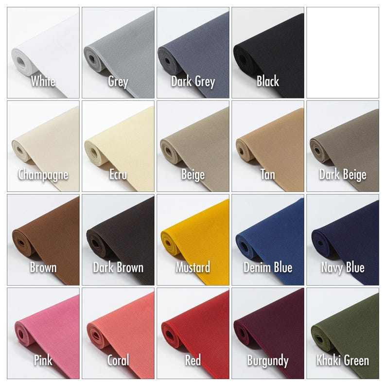 May include: A colour chart of 18 fabric swatches rolled up. The colours are white, grey, dark grey, black, champagne, ecru, beige, tan, dark beige, brown, dark brown, mustard, denim blue, navy blue, pink, coral, red, burgundy, and khaki green.