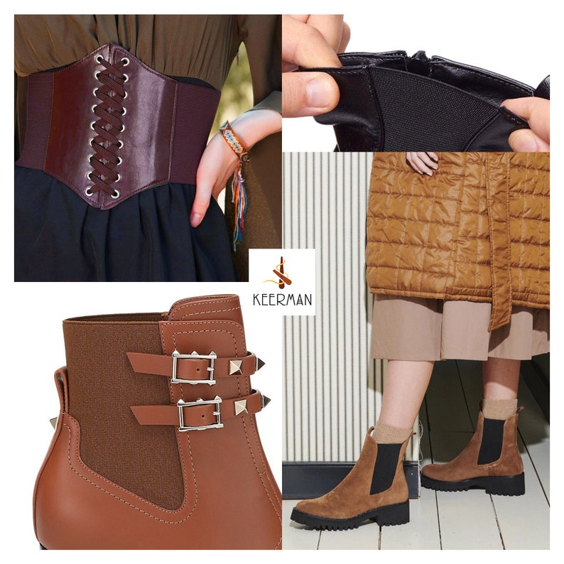 May include: Brown leather ankle boots with two buckles and gold studs. The boots have a brown elastic panel at the back of the ankle.