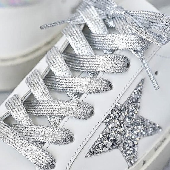 32-40-45-50 Inch (80-100-120-130 cm) - Silver Metallic Glitter Luxury Flat Shoelaces - Sparkle Laces - Shining Laces - 1 to 100 Pair