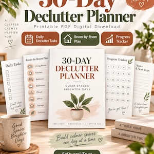 Peut inclure: Un planificateur de désencombrement de 30 jours en téléchargement numérique PDF imprimable, avec une couverture centrale illustrée d'une plante en pot, entourée de pages pour les tâches quotidiennes, les plans par pièce et un suivi de progression.