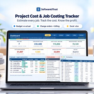 May include: A laptop screen displaying a Project Cost & Job Costing Tracker dashboard by SoftwareUTrust. The interface shows financial data, including open jobs, contract values, costs, and profit margins in tables and summary cards.