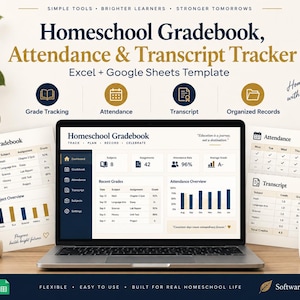 May include: A digital homeschool gradebook, attendance, and transcript tracker template for Excel and Google Sheets. The display shows a dashboard with grade tracking, attendance charts, and transcript records, featuring navy blue and gold text accents.