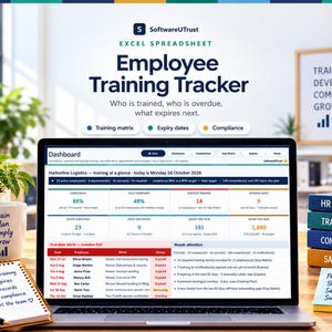 May include: A laptop screen displaying an Excel spreadsheet titled Employee Training Tracker by SoftwareUTrust. The dashboard shows metrics for compliance, training, and expiry dates with tables listing employee data and training status.