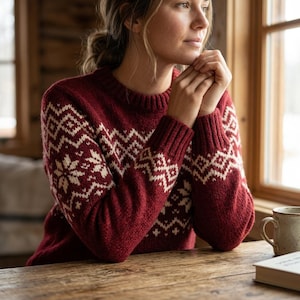 Może przedstawiać: Ciemnoczerwony sweter z długim rękawem z kremowym wzorem Fair Isle przedstawiającym geometryczne kształty i motywy płatków śniegu na klatce piersiowej i rękawach, wykończony prążkowanym okrągłym dekoltem oraz prążkowanymi mankietami.