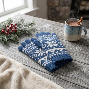 Könnte beinhalten: Ein Paar blau-weiße Strickhandschuhe mit einem sich wiederholenden Schneeflocken- und geometrischen Muster. Die Handschuhe haben ein geripptes Bündchen und sind aus strukturiertem Garn gefertigt, was ein klassisches, winterliches Design mit einheitlichem Farbschema ergibt.