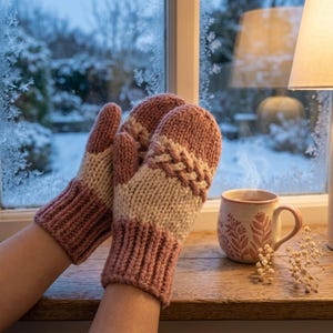 May include: A pair of chunky knit mittens featuring a dusty rose and cream colour block design with a braided cable knit detail across the back of the hand and a ribbed cuff. The mittens are crafted from thick yarn with a visible textured stitch.