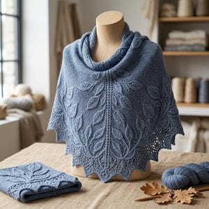 May include: A dusty blue knitted shawl featuring an intricate leaf lace pattern and a scalloped edge. The shawl is displayed on a mannequin, with a folded matching piece and a skein of blue yarn placed nearby on a textured surface.