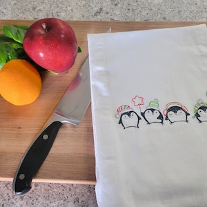 Cute Flour Sack Kitchen Towel - Embroidered -Christmas Penguins - - Handmade