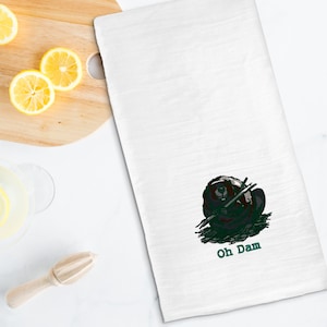 Funny Kitchen Towel, Embroidered Tea Towel, Oh Dam, Funny Beaver Towel, Beaver Kitchen Decor