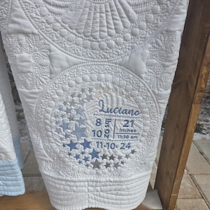 Heirloom Baby Quilt – Personalized Baby Announcement – Crescent Moon & Stars Design – 36&quot; x 46&quot;