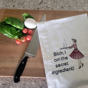 Funny Retro Housewife Kitchen Tea Towel, Bitch I Am The Secret Ingredient, Funny Kitchen Towel, Vintage Tea Towel