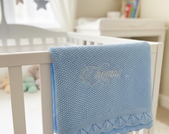 Personalized Knit Baby Blanket | Custom Name Cotton Blanket | Pink, Blue, or White