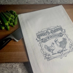 Asciugamano da cucina divertente e impertinente, strofinaccio ricamato, polli cattivi depongono uova alla diavola, asciugamano divertente con pollo