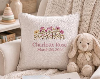 Personalized Floral Baby Name Pillow, Embroidered Keepsake Nursery Decor