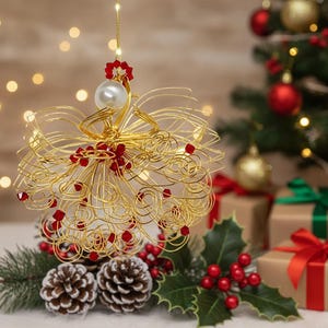 Handmade Gold Birthstone Angel Ornament – July Ruby Czech Beads