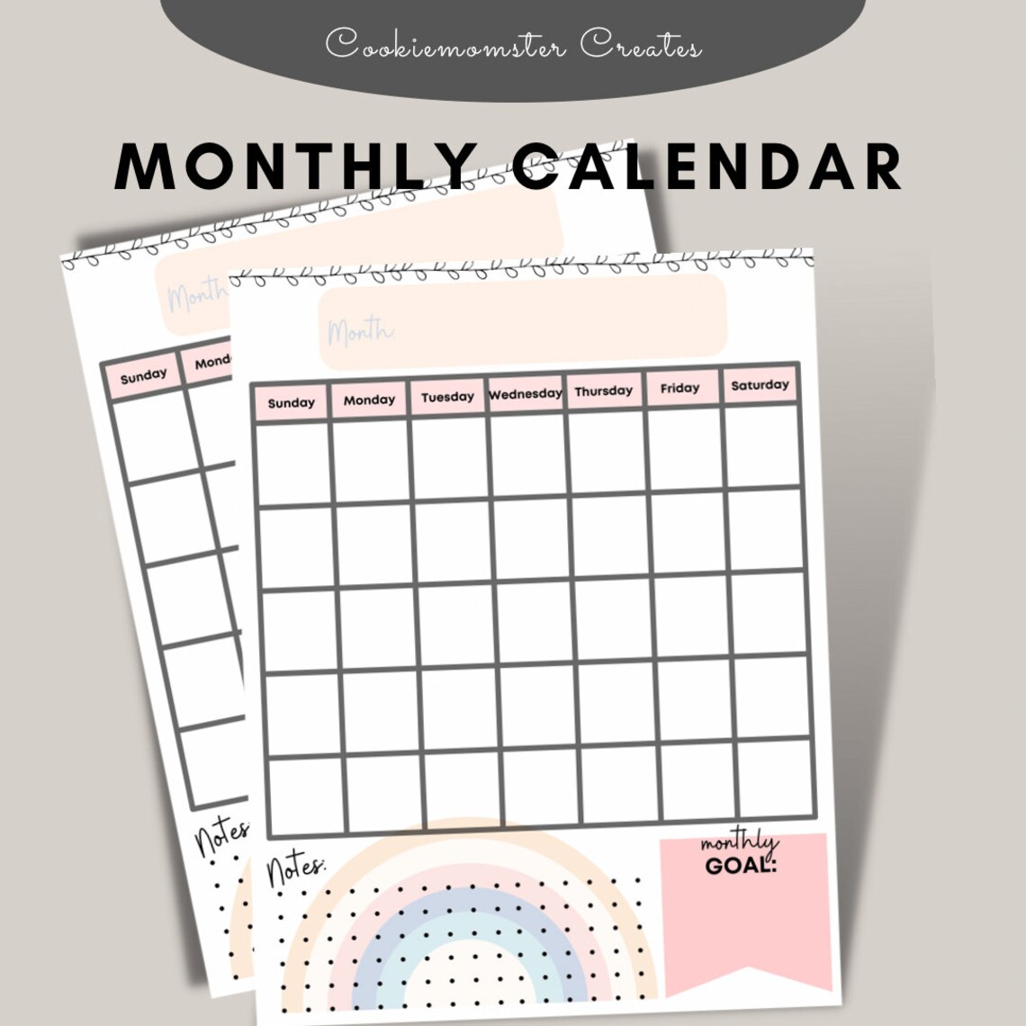 Monthly Calendar Digital Download Calendar PDF Calendar Etsy
