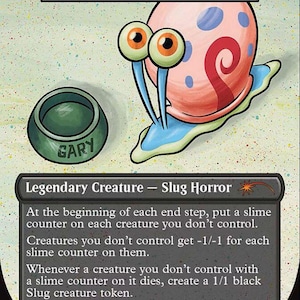 Könnte beinhalten: Eine Magic: The Gathering-Karte mit Gary, der Schnecke, einer Zeichentrickschnecke mit rosa Gehäuse und blauem Körper. Die Karte enthält Text, der ihre Fähigkeiten beschreibt, und eine grüne Schüssel mit dem Namen "GARY".