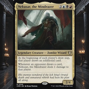 May include: A Magic: The Gathering trading card titled Nekusar, the Mindrazer, featuring a skeletal figure in a crown and dark robes. The card text describes a legendary creature, a zombie wizard with 2/4 stats, and game mechanics.