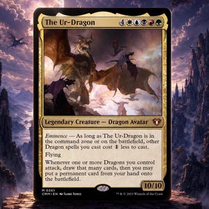 May include: A Magic: The Gathering trading card titled The Ur-Dragon, featuring a large, multi-colored dragon illustration. The card text includes the creature type Legendary Creature - Dragon Avatar, the Eminence ability, Flying, and power/toughness 10/10.