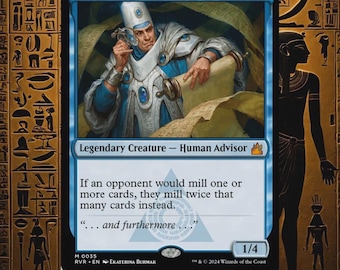 Könnte beinhalten: Eine Magic: The Gathering-Karte mit Bruvac dem Großmäuligen, einem menschlichen Berater. Die Karte hat einen blauen Rand und zeigt einen Mann in weißen und blauen Gewändern, der eine Schriftrolle hält. Der Kartentext lautet: "Wenn ein Gegner eine oder mehrere Karten mahlen würde, mahlt er stattdessen doppelt so viele Karten."