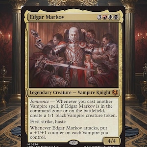 Puede incluir: Una carta de Magic: The Gathering con Edgar Markov, un Caballero Vampiro. La carta tiene un borde dorado y una ilustración detallada de un vampiro y otras figuras. El texto incluye habilidades y estadísticas de la carta.