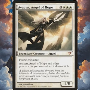 May include: A Magic: The Gathering trading card titled Avacyn, Angel of Hope. The card features an illustration of a winged figure in black armour holding a spear against a bright sky. Text includes Flying, vigilance, and power/toughness 8/8.