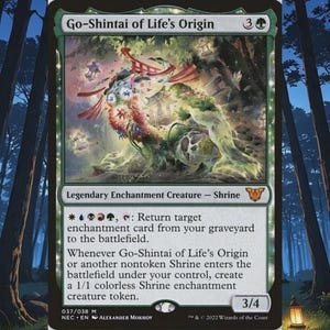May include: A green and white Go-Shintai of Life's Origin card. The card features a detailed illustration of a shrine-like creature with floral and architectural elements. Text includes the card's name, type, and abilities. The card has a 3/4 power and toughness.
