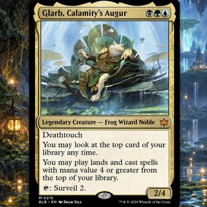 May include: A Magic: The Gathering trading card titled Glarb, Calamity's Augur. The card features a frog wizard noble sitting on a large leaf, wearing ornate armour and holding a staff. The text includes abilities like Deathtouch and Surveil 2.