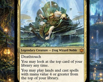 Könnte beinhalten: Eine Magic: The Gathering Sammelkarte mit dem Titel Glarb, Calamity's Augur. Die Karte zeigt einen Frosch-Zauberer-Adligen, der auf einem großen Blatt sitzt, eine verzierte Rüstung trägt und einen Stab hält. Der Text enthält verschiedene Fähigkeiten.