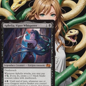 May include: A Magic: The Gathering card featuring Aphelia, Viper Whisperer, a Gorgon Assassin. The card art shows a woman with long blonde hair and green eyes, encircled by green and yellow snakes. The card text is visible.