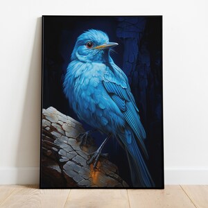 May include: A vibrant blue bird with red eyes perched on a weathered tree branch against a dark background. The bird's feathers are detailed and realistic, creating a striking contrast against the dark backdrop.