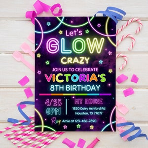 Glow Party Birthday Invitation, Glow Invitation, girl, boy, Neon Party Invite, Neon Lights, Glow Party Template, Editable Canva, Glow Evite