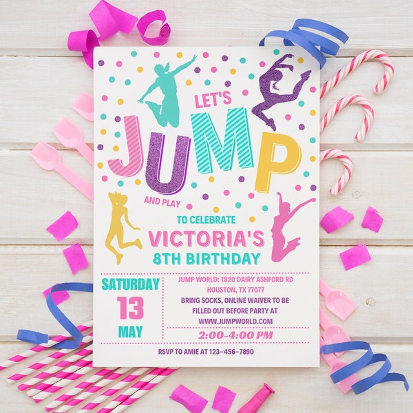 Faire-part d'anniversaire de saut, invitation de saut, fête sur trampoline, maison gonflable, soirée Let's Jump, parc de trampolines, tie-dye jump, toile éditable