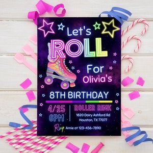 Skate Party Birthday Invitation, Party Invitation, girl, boy, Roller Skating, Retro Neon Lights, Editable Evite Template, Editable Canva